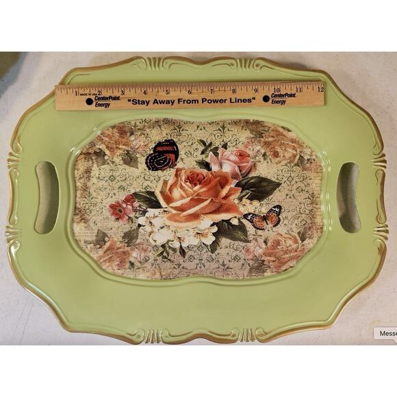 Vintage Inspired Roses Birds Retro Serving Trays Light Green - Picture 2 of 3